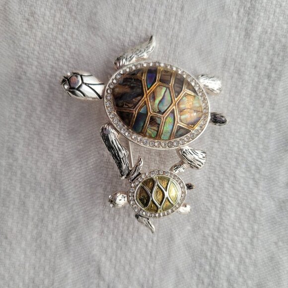 Turtle Brooch Pin With Abalone Shell & Rhinestone Accents By Napier - Picture 4 of 6